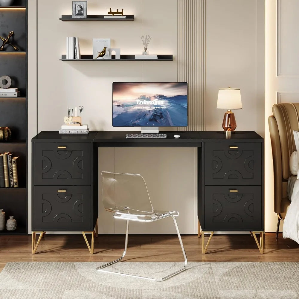 Black 59 Inch Executive Computer Desk With Four Drawers