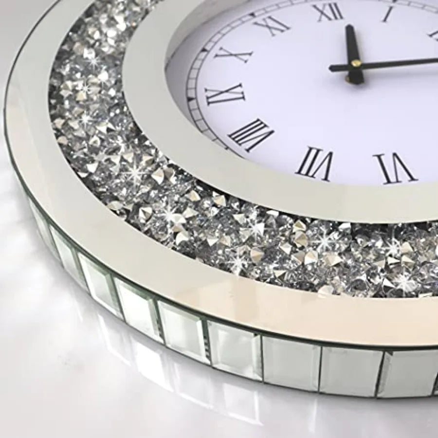 Silver Round Mirror Clock Crystal Sparkle Wall Decor