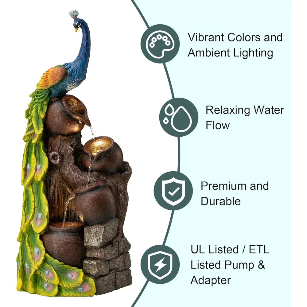 Glitzhome Peacock Water Fountain Statue With LED Light