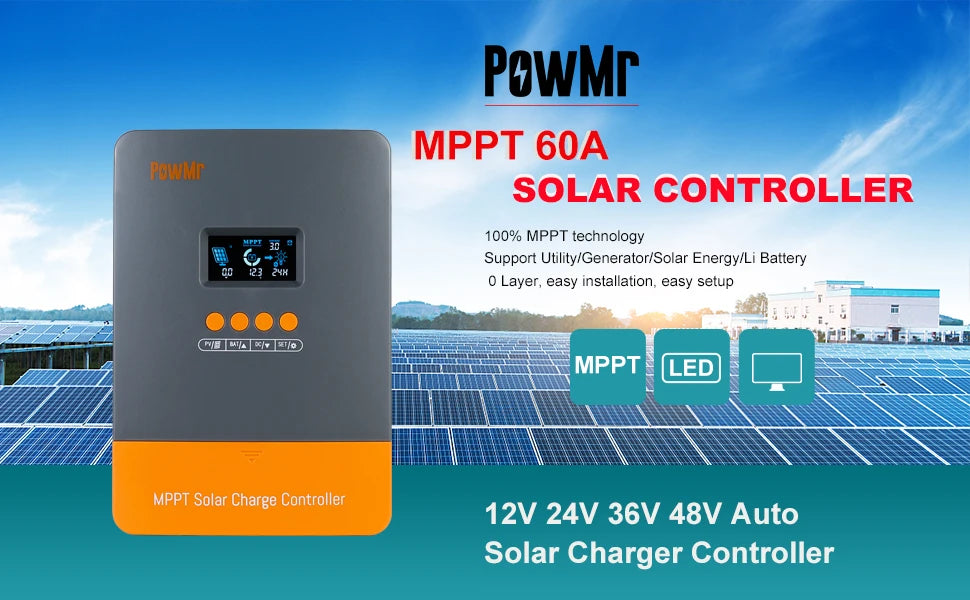 PowMr MPPT 60A Solar Charge Controller 12V 24V 36V 48V LiFePO4 Auto