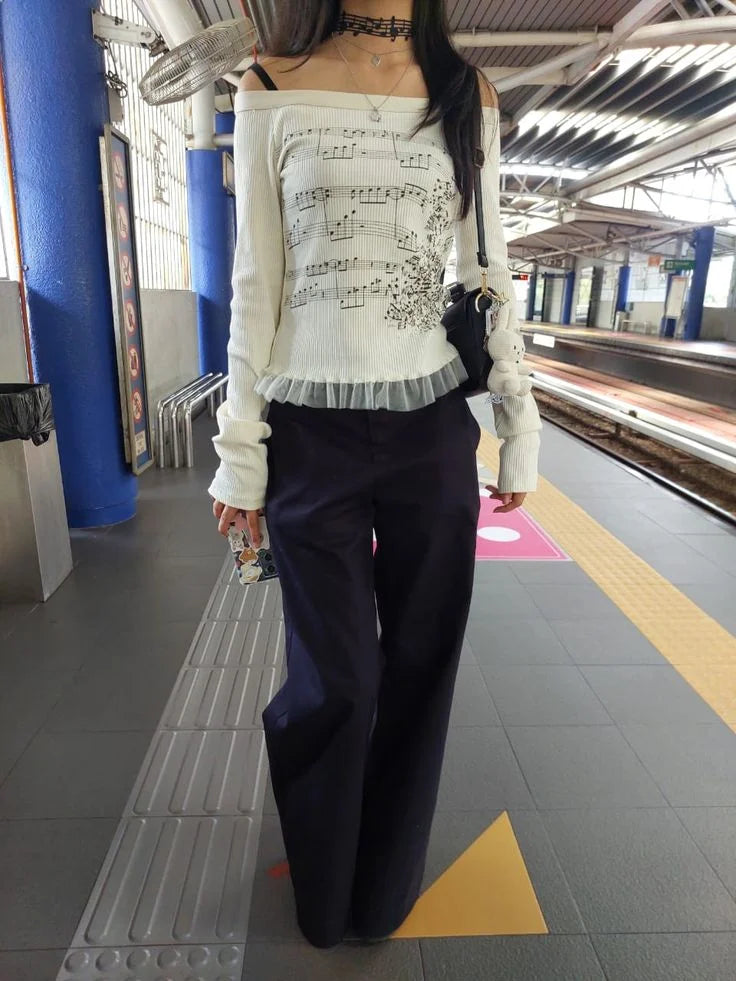 Hirigin Women Off Shoulder Top Slim Fit Long Sleeve Print