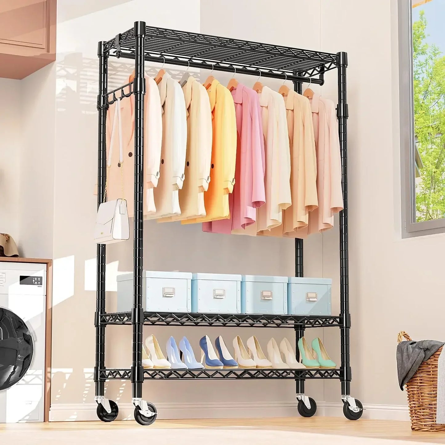XMSJ Heavy Duty Rolling Garment Rack With 3 Tiers Rods