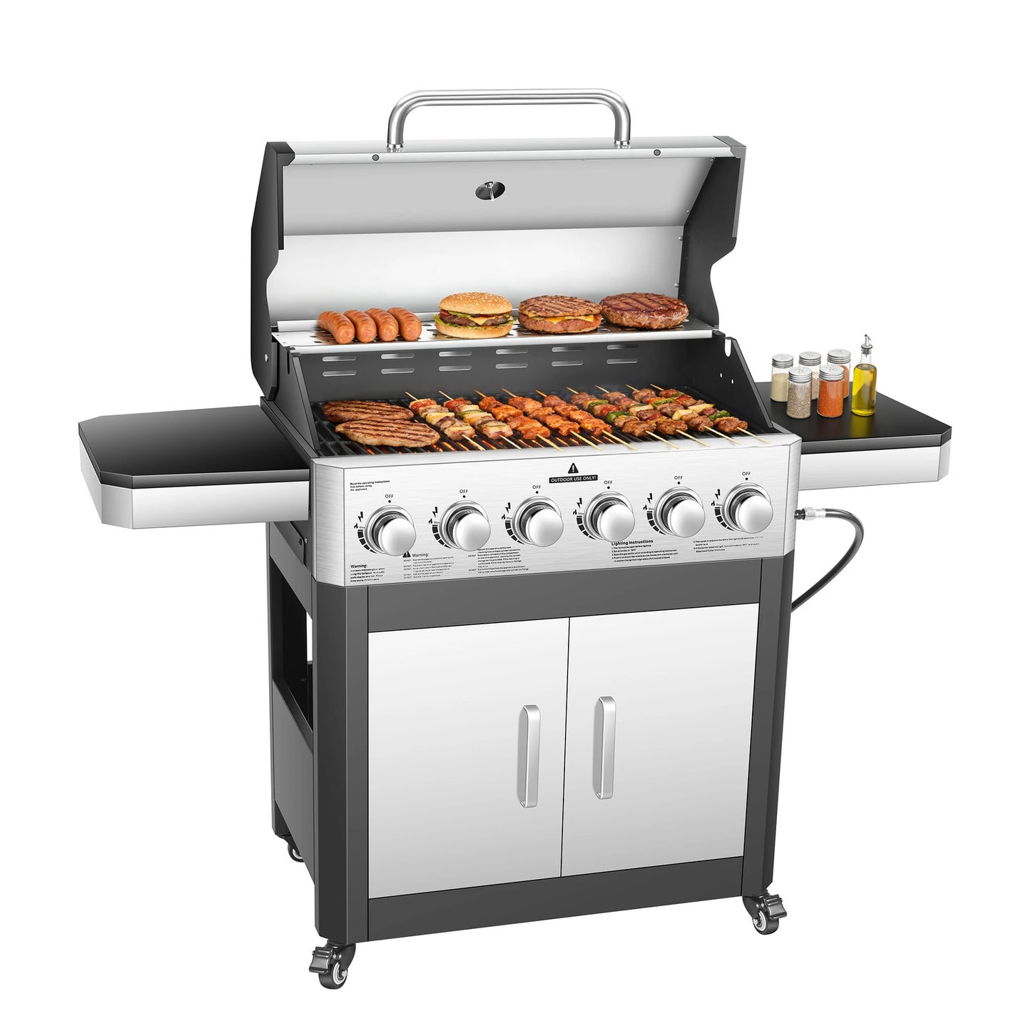 Six Burner Propane Gas Grill With Cabinet And Warming Rack