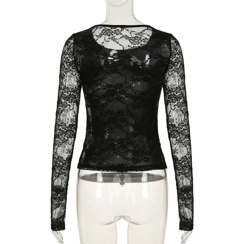 Suchcute Gothic Lace Crop Top For Women Long Sleeve Tee