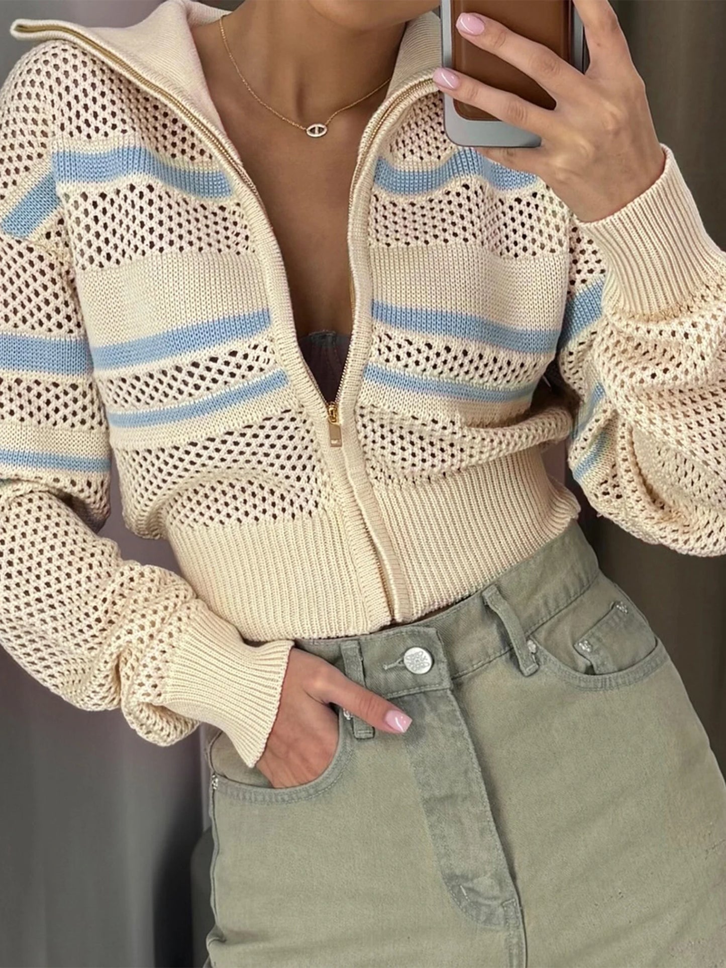 XBTCLXEBCOCN Striped Knit Cardigan Zipper Closure Coat