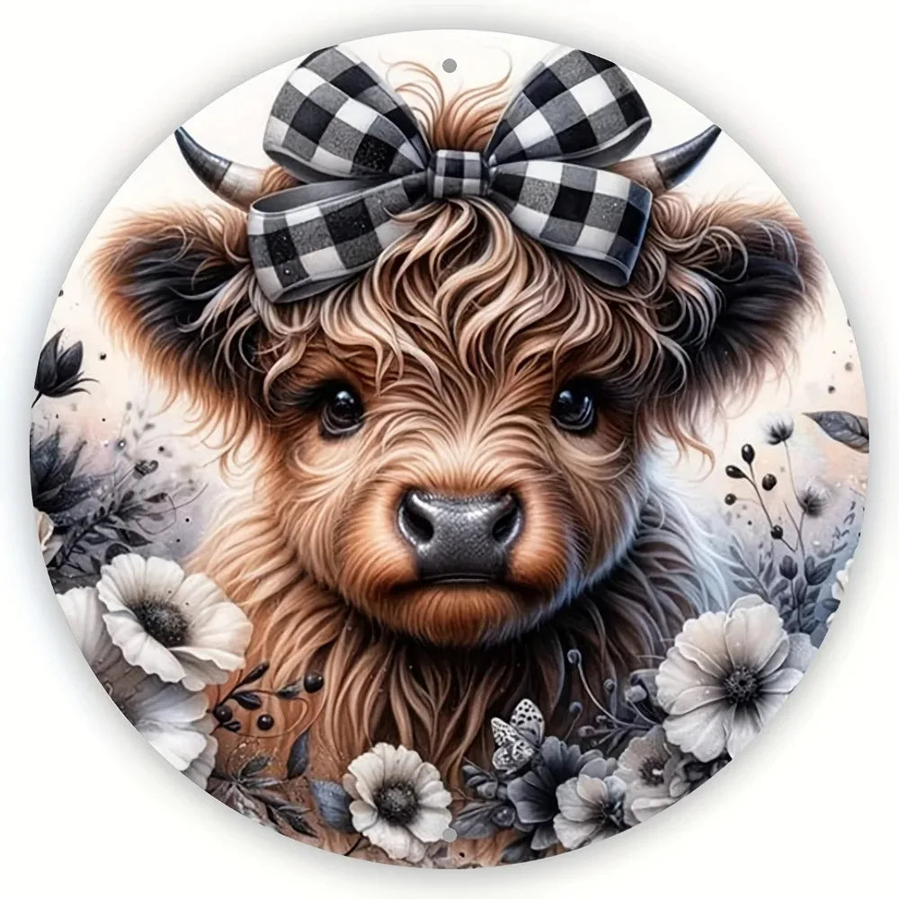 HELLOYOUNG Highland Cow Bow Wreath Aluminum Sign Christmas