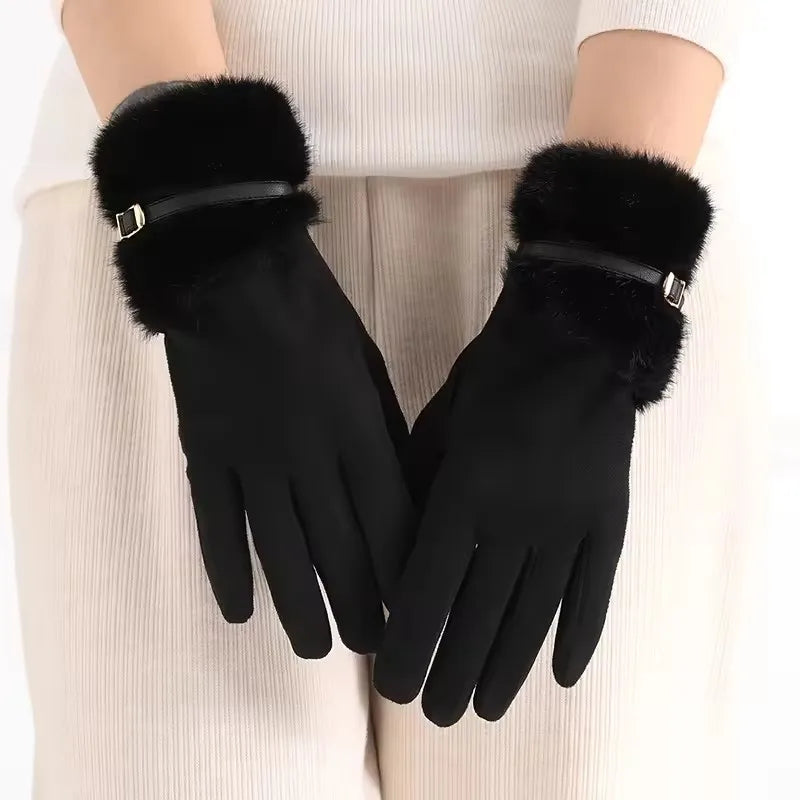 NONECN Winter Plush Warm Touch Screen Gloves For Women Windproof