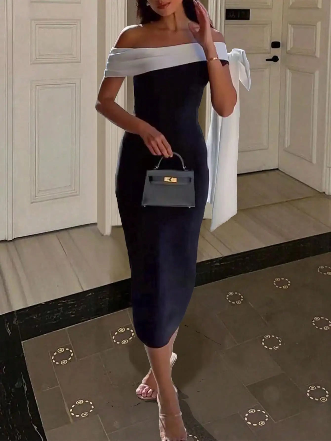 Elegant One Shoulder Bow Tie Patchwork Bandage Evening Dress