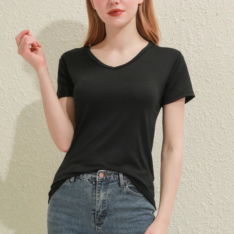 Albeey Cotton V Neck Short Sleeve T Shirt Women Tops