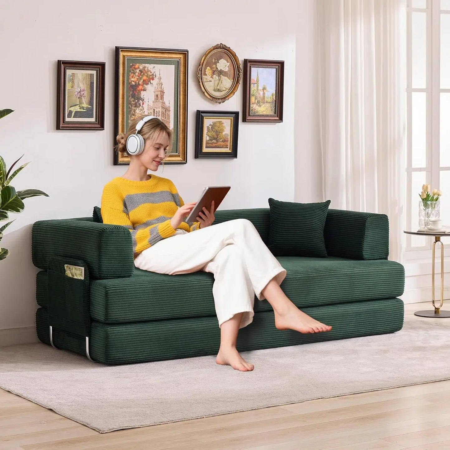 Corduroy Convertible Sleeper Sofa 5 In 1 Fixed Frame