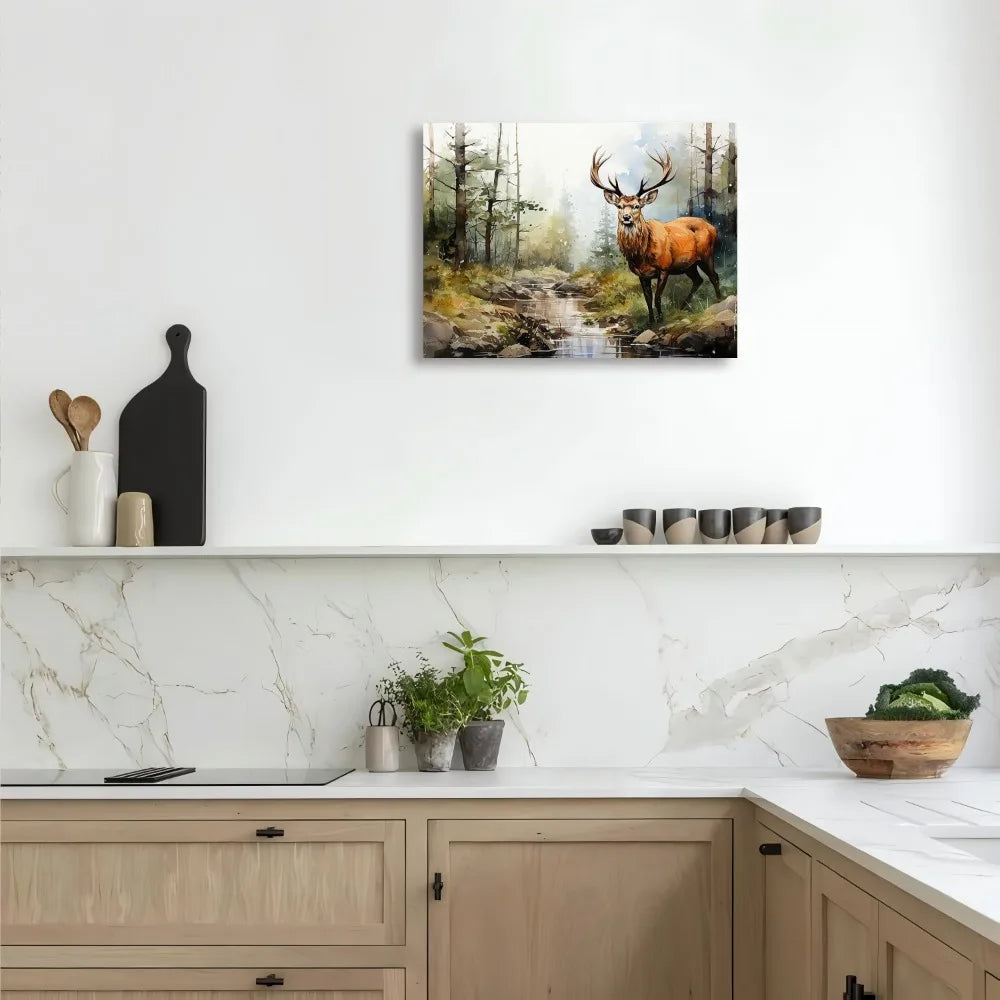 Hign Concerned Deer Canvas Art Forest Scene Framed Decor