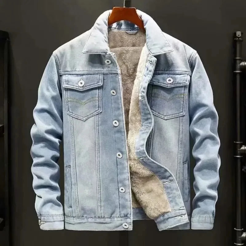 Henan Thickened Fleece Lined Denim Jacket Mens Loose Fit