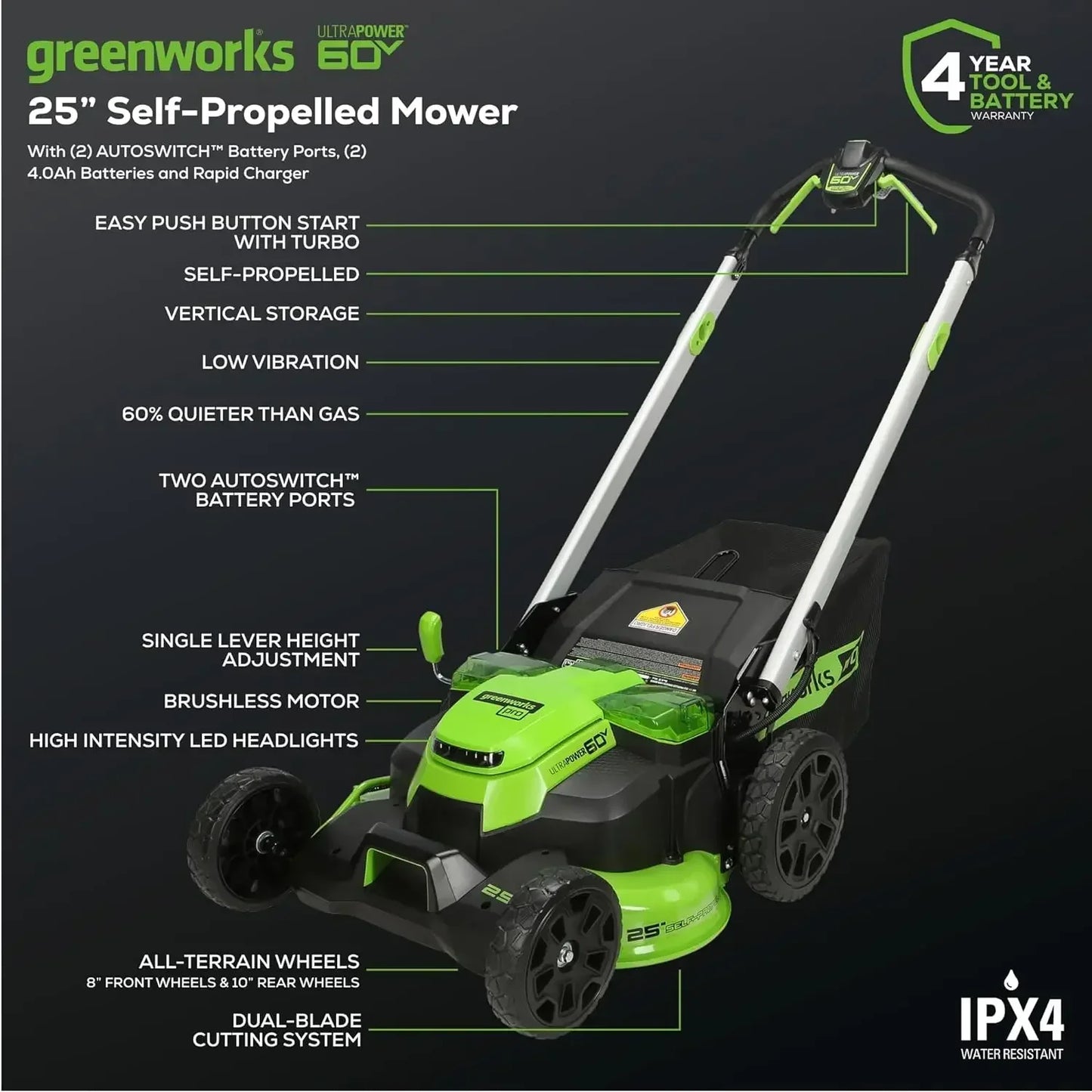 Greenworks 60V Cordless Self Propelled Lawn Mower LED Lights