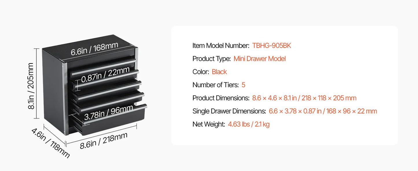 SucceBuy Five Drawer Metal Tool Box With PP Feet Storage