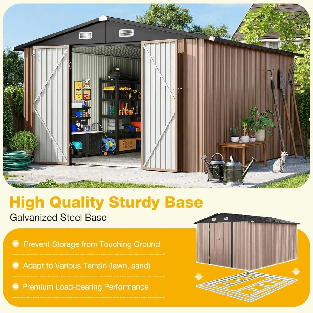 Outdoor Storage Shed Galvanized Metal With Lockable Double Doors