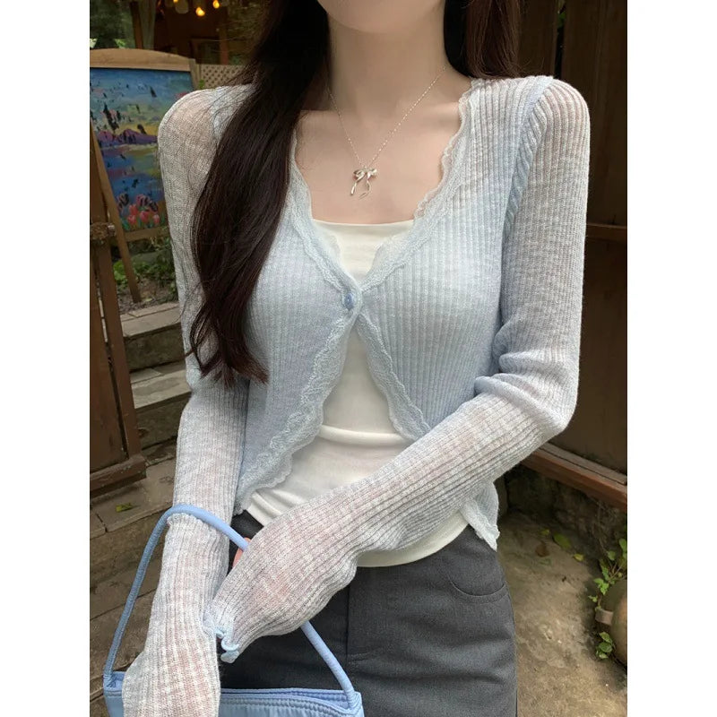 Dawndesslo Lace Trim Open Front Knit Cardigan For Women