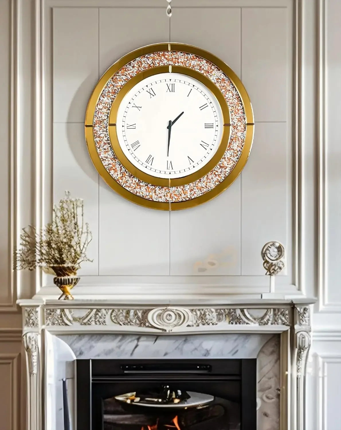 Crushed Diamond Round Mirrored Wall Clock Decorative Home Accent