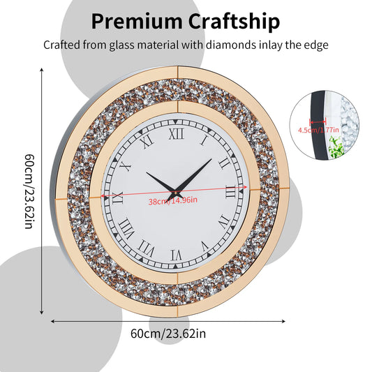 Combination Bling Silver Round Mirror Clock Glam Home Decor