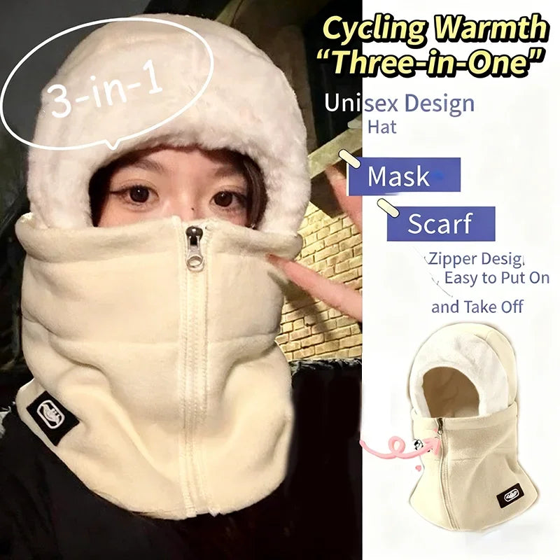 NONECN Winter Warm Integrated Plush Hat With Windproof Mask
