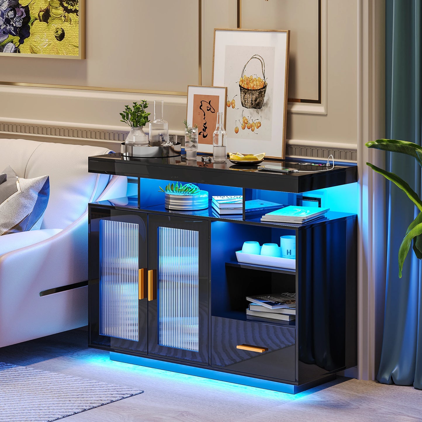 JDPAG LED Sideboard Buffet Cabinet With Storage And Charging Station