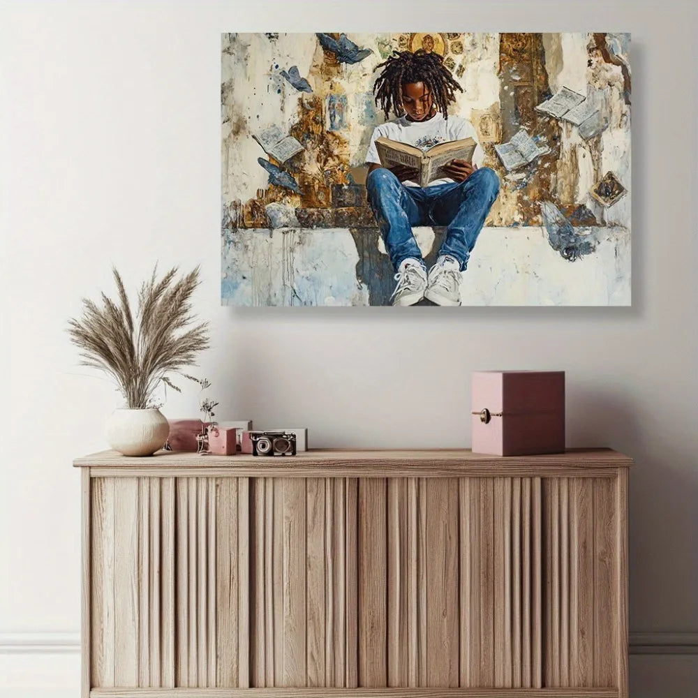 Hign Concerned African Boy Reading Sketch Wall Art Print
