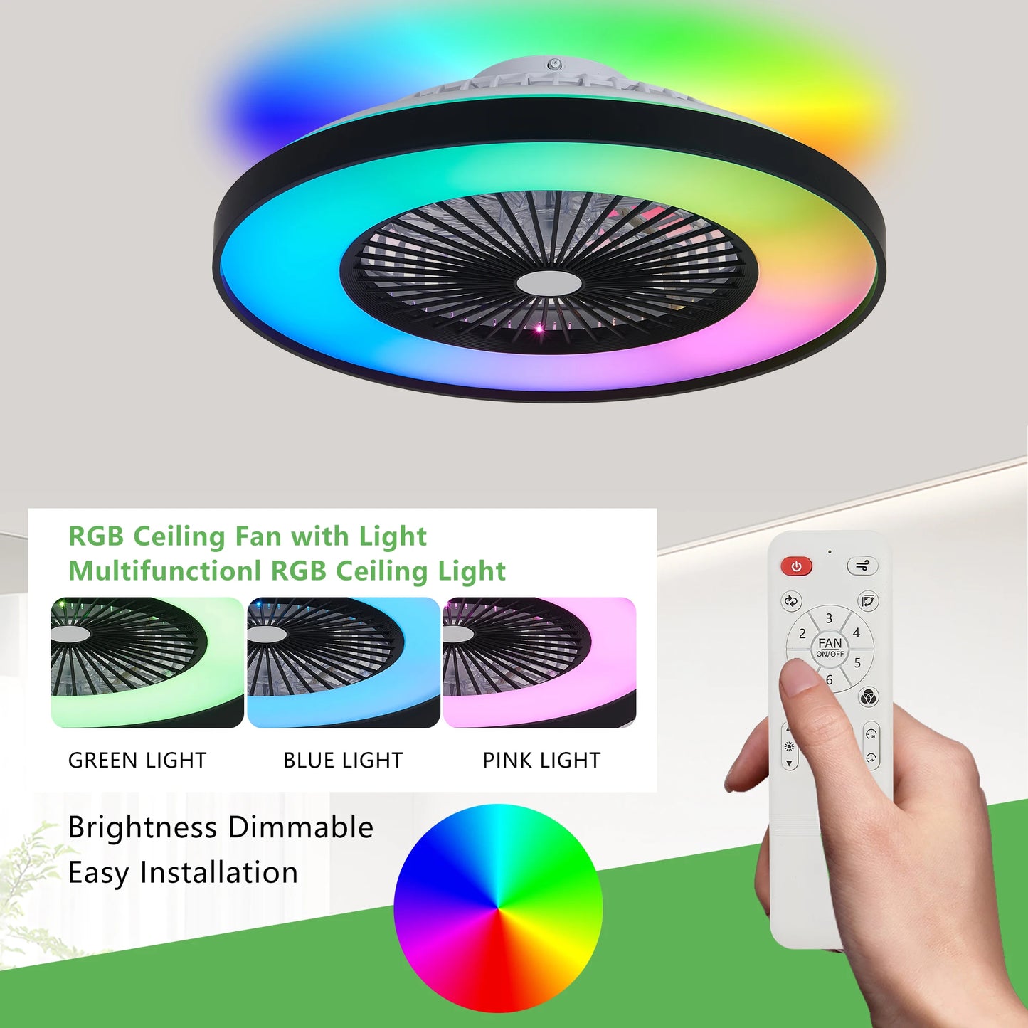ARLGSITE Smart Ceiling Fan with LED RGB Dimmable Remote App