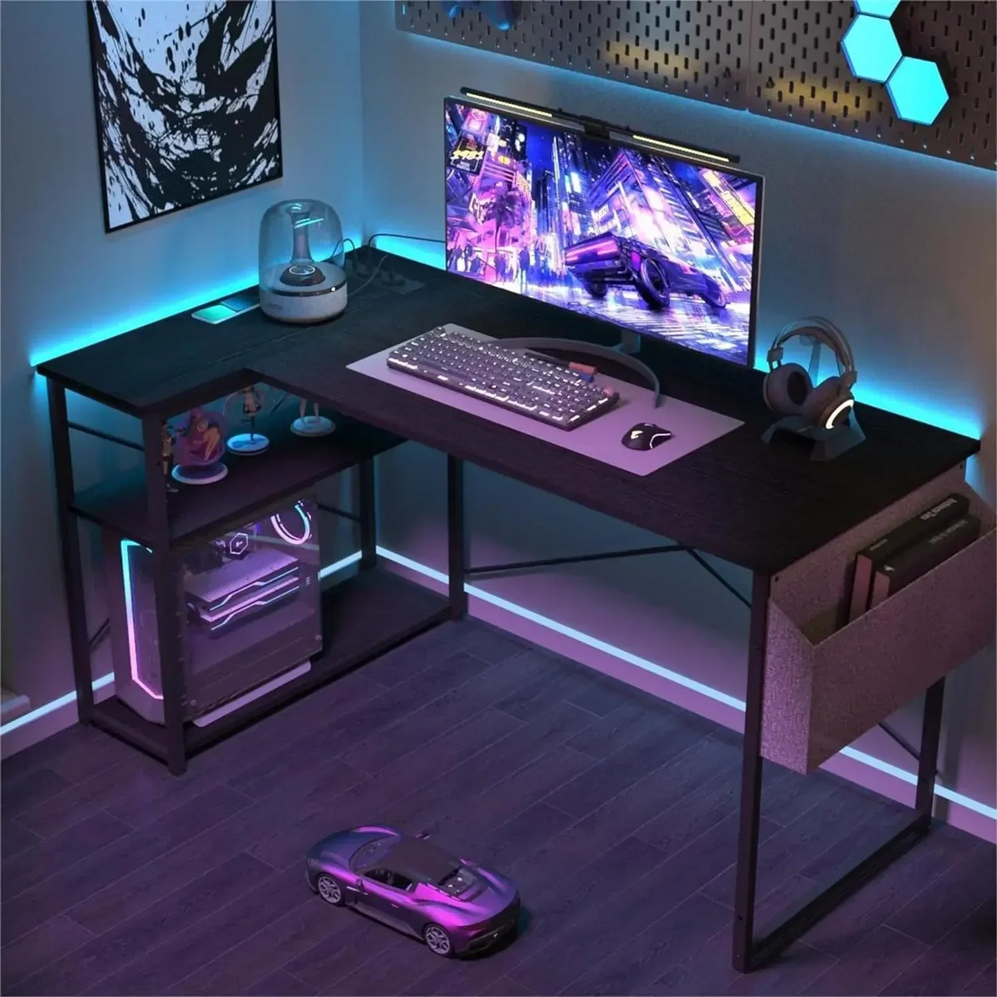 XMSJ L Shaped Desk With Power Outlets And Reversible Shelves