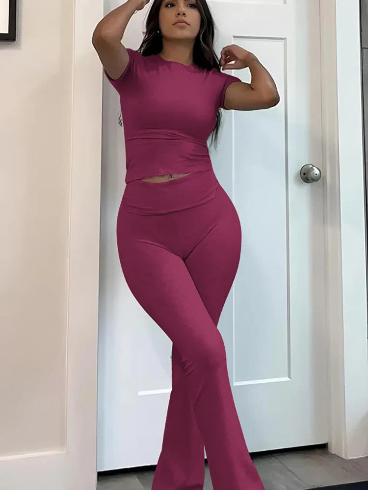 Women's Two Piece Yoga Set Short Sleeve Top Flared Pants