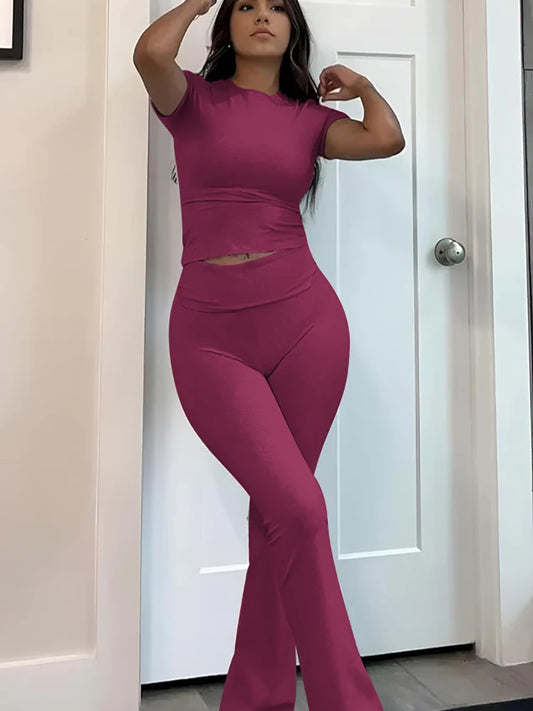 Women's Two Piece Yoga Set Short Sleeve Top Flared Pants
