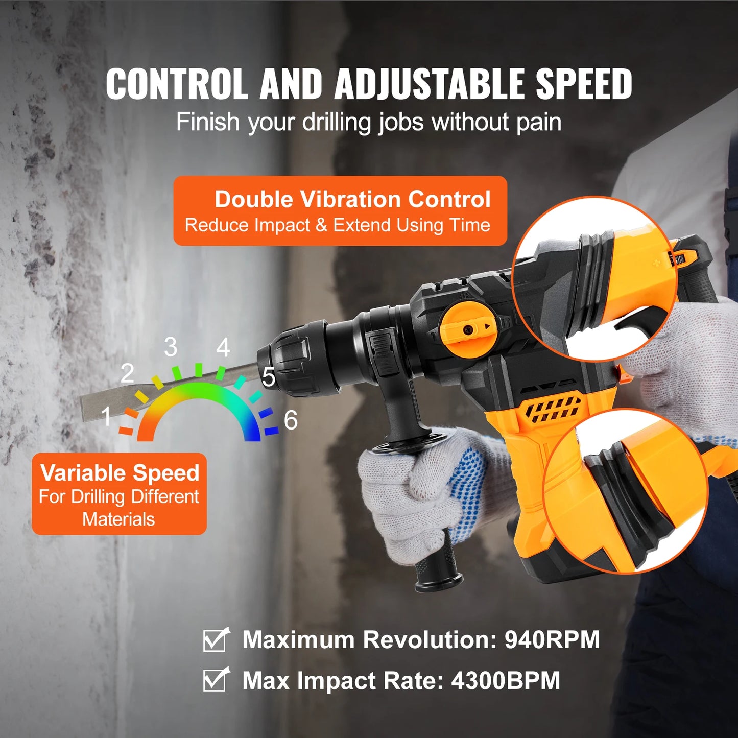 SucceBuy 1500W Corded Rotary Hammer Drill 4 Modes Demolition