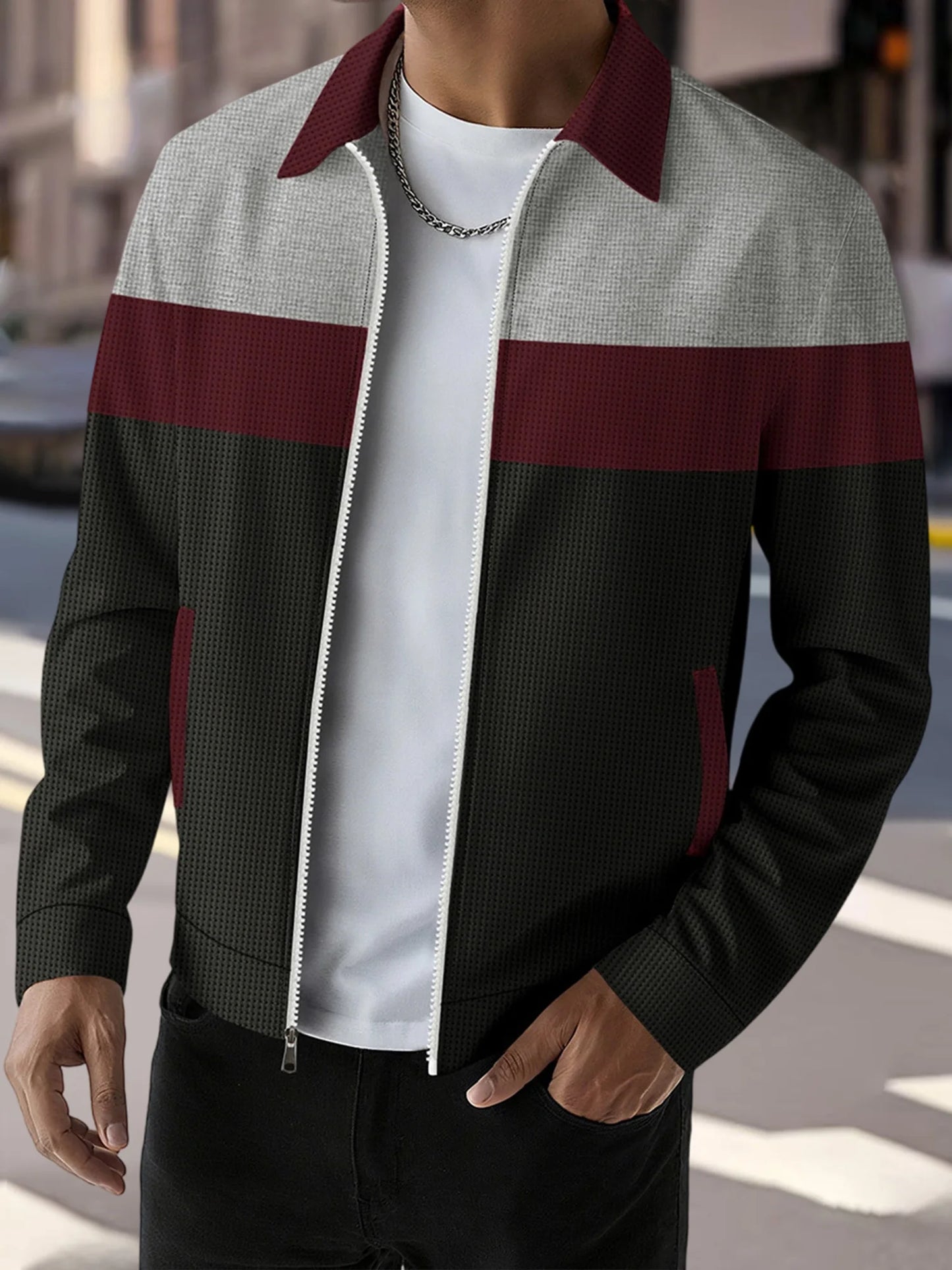 Guangdong Mens Casual Zip Up Jacket With Patchwork Design Pockets Lapel Collar
