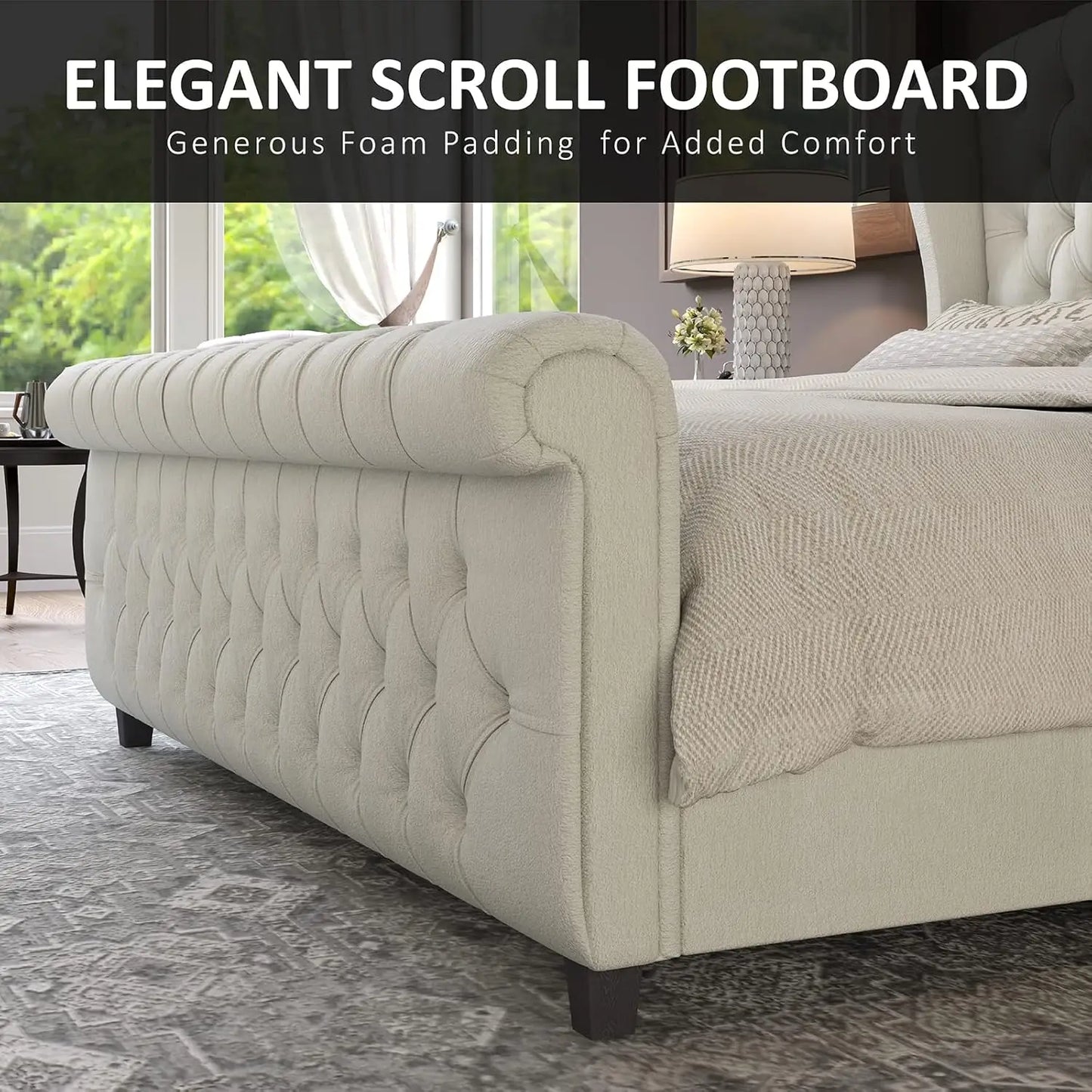 Platform Bed Frame Chenille Upholstered Sleigh With Button Tufted Headboard