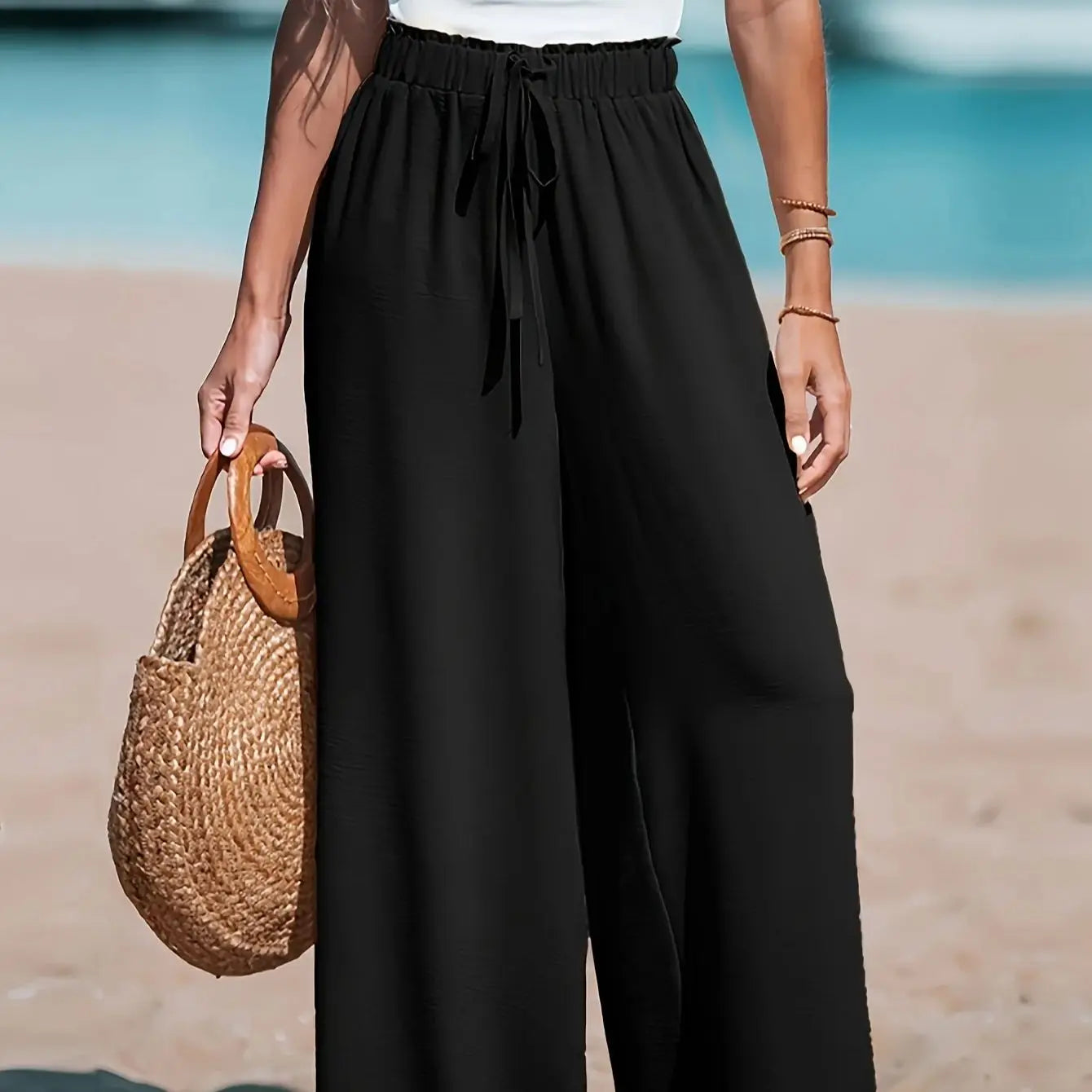 Women Casual Wide Leg Pants With Pockets And Drawstring Waist