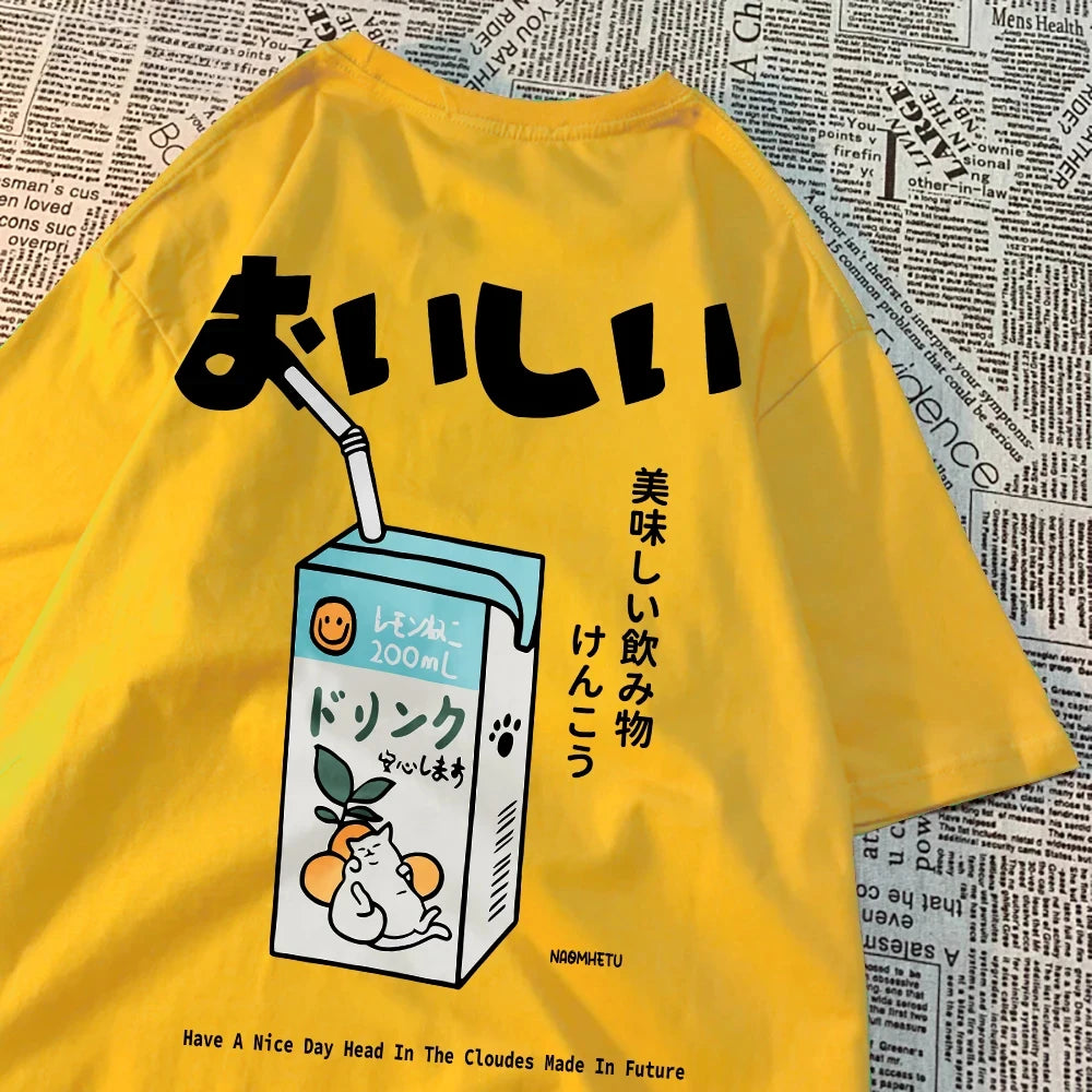 Hampson Lanqecn Cute Japanese Cat Print Tee Shirt Casual