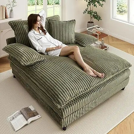 Corduroy Sleeper Sofa Chaise Lounge With 5-Position Backrest