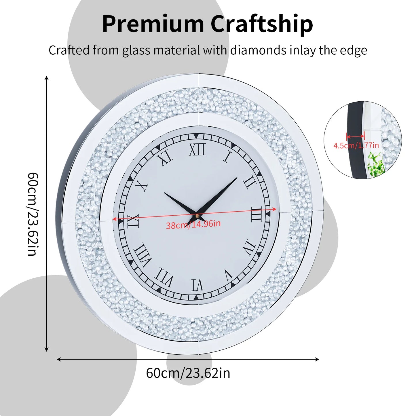 Combination Bling Silver Round Mirror Clock Glam Home Decor