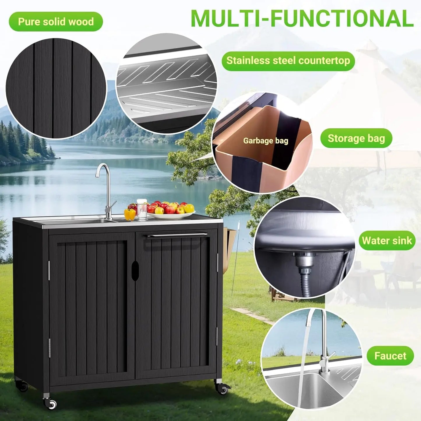 Outdoor Kitchen Island With 304 Stainless Steel Sink And Storage