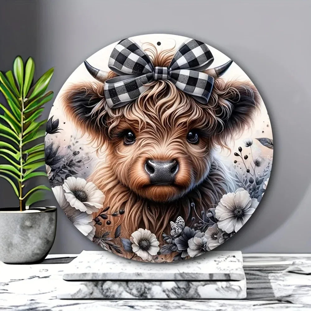 HELLOYOUNG Highland Cow Bow Wreath Aluminum Sign Christmas