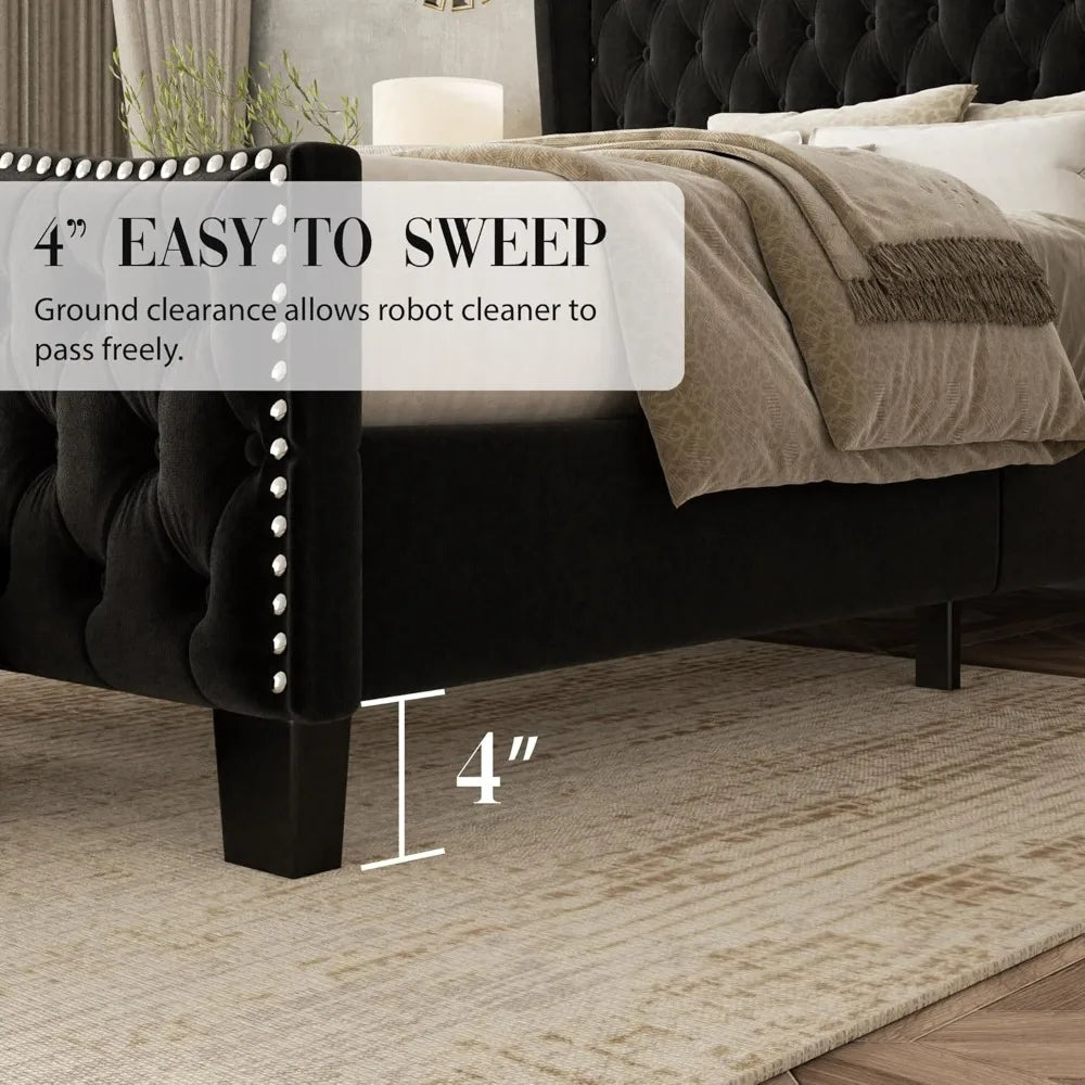 Platform Bed Frame With Upholstered Wingback Headboard