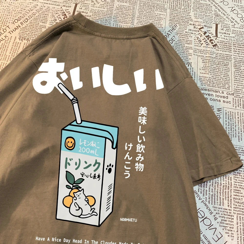 Hampson Lanqecn Cute Japanese Cat Print Tee Shirt Casual