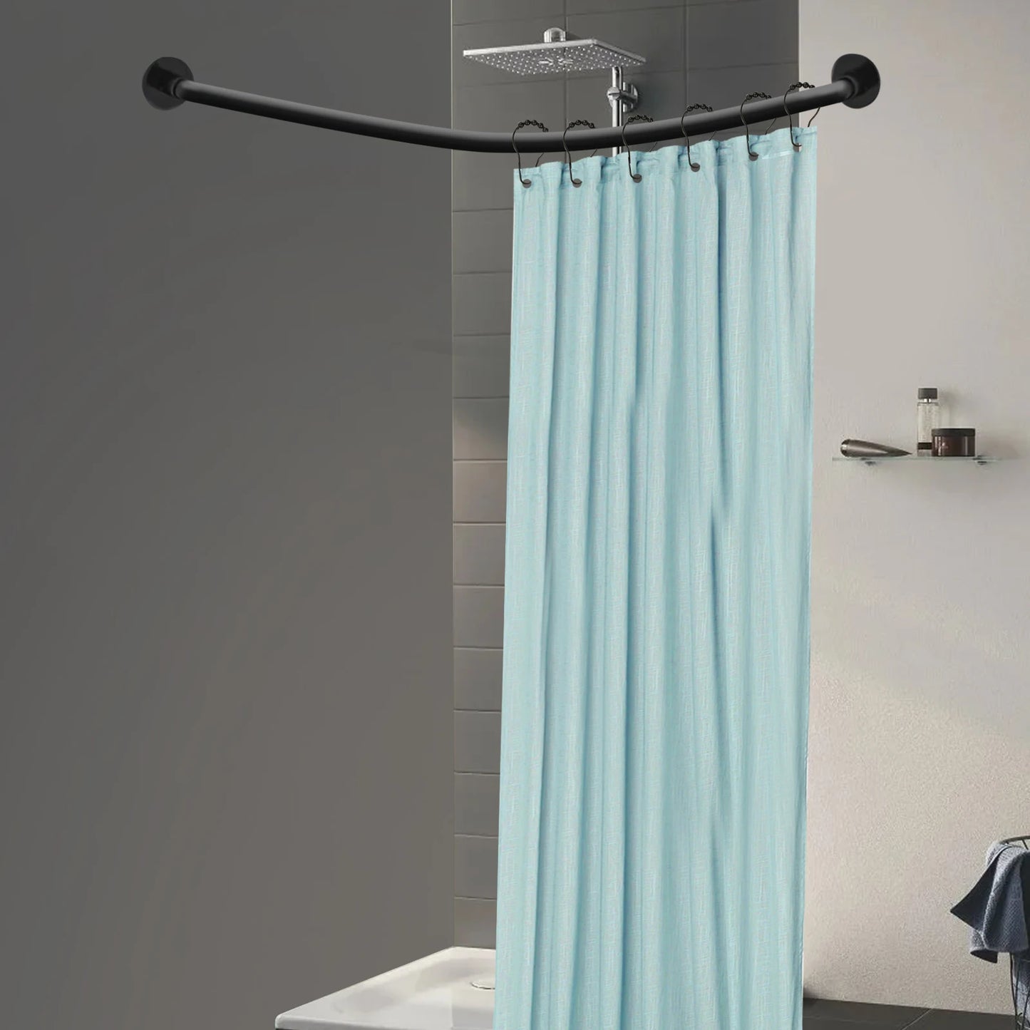 Stainless Steel L Shape Telescopic Shower Curtain Rail No Drilling With Rings