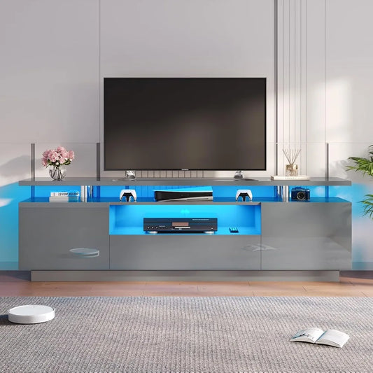 Modern LED TV Stand With Open Shelves And Drawer