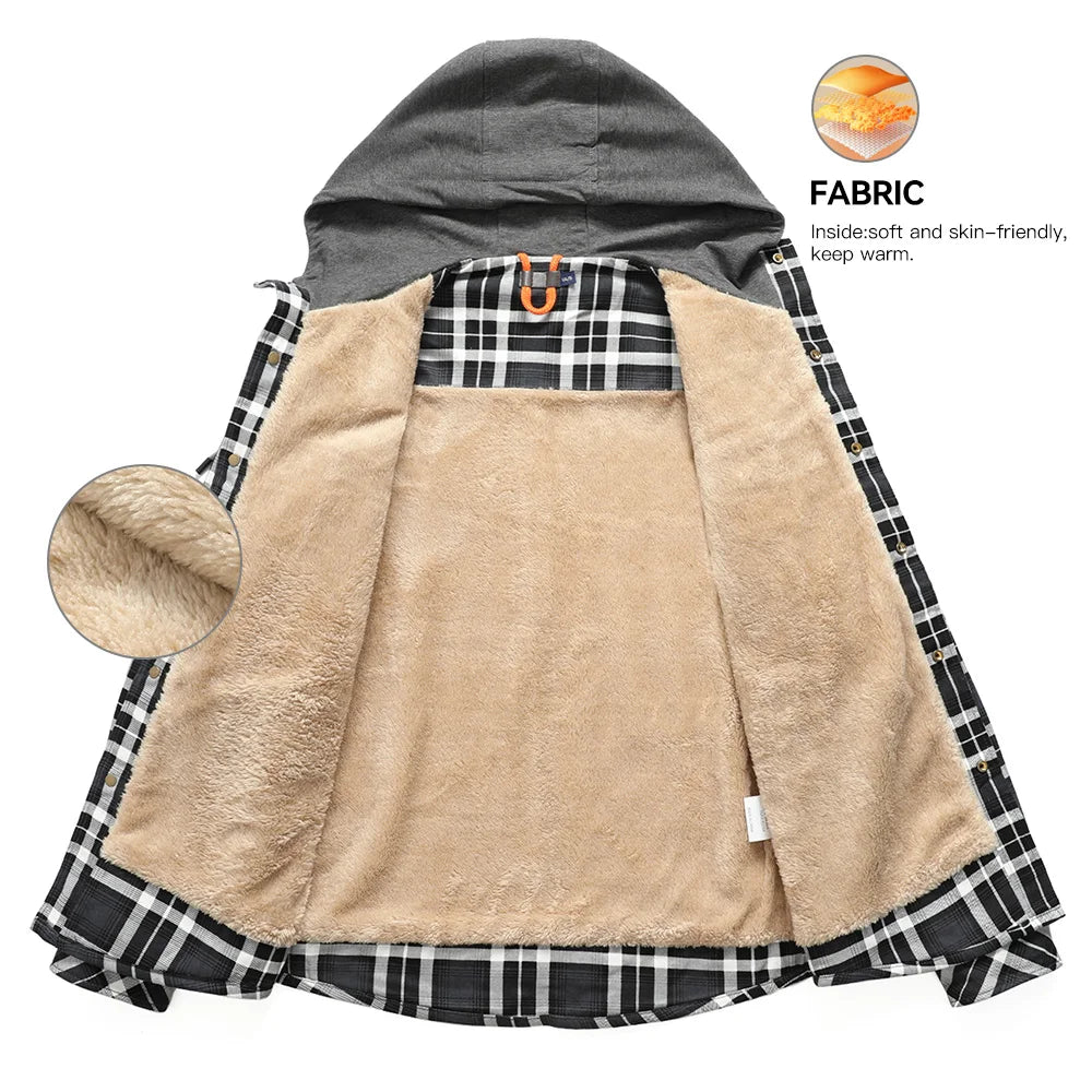 Fujian Mens Winter Hooded Coat Sherpa Lined Plaid Flannel Jacket