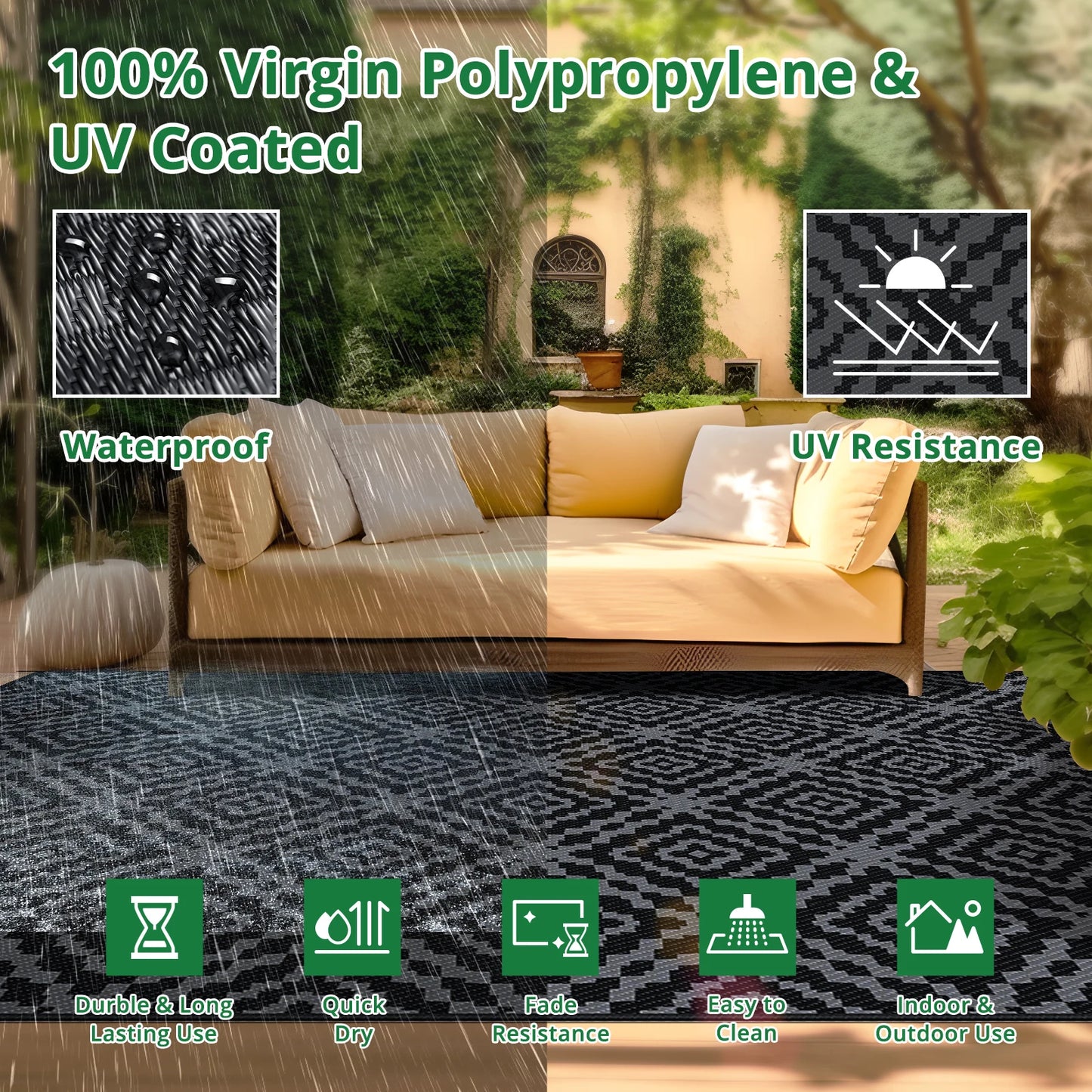 BSHAPPLUS Outdoor Rug Boho Geometric Waterproof Patio Carpet