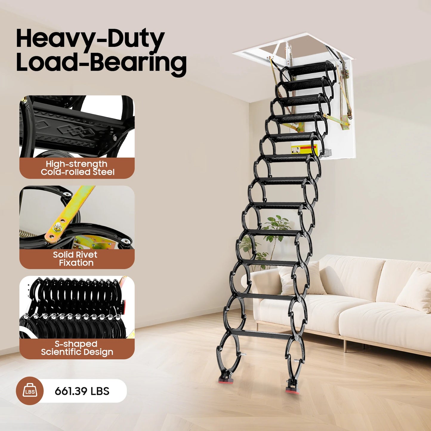 Hign-concerned 12 Step Pull Down Attic Ladder 661lbs