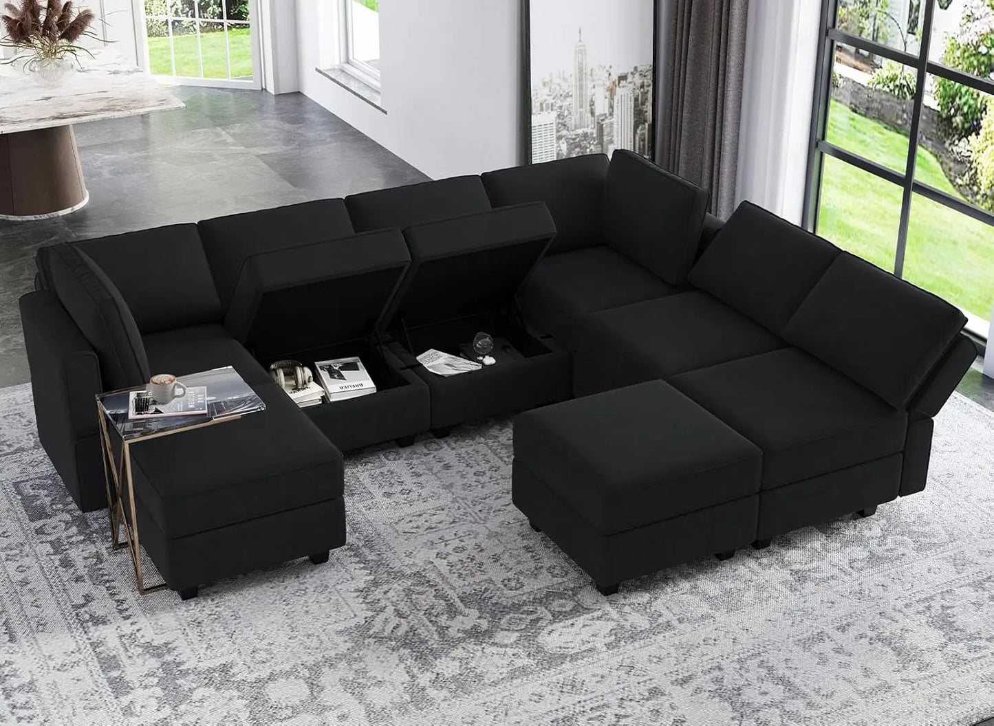 Modular Velvet Sectional Sofa With Ottomans Sleeper Chaise Storage