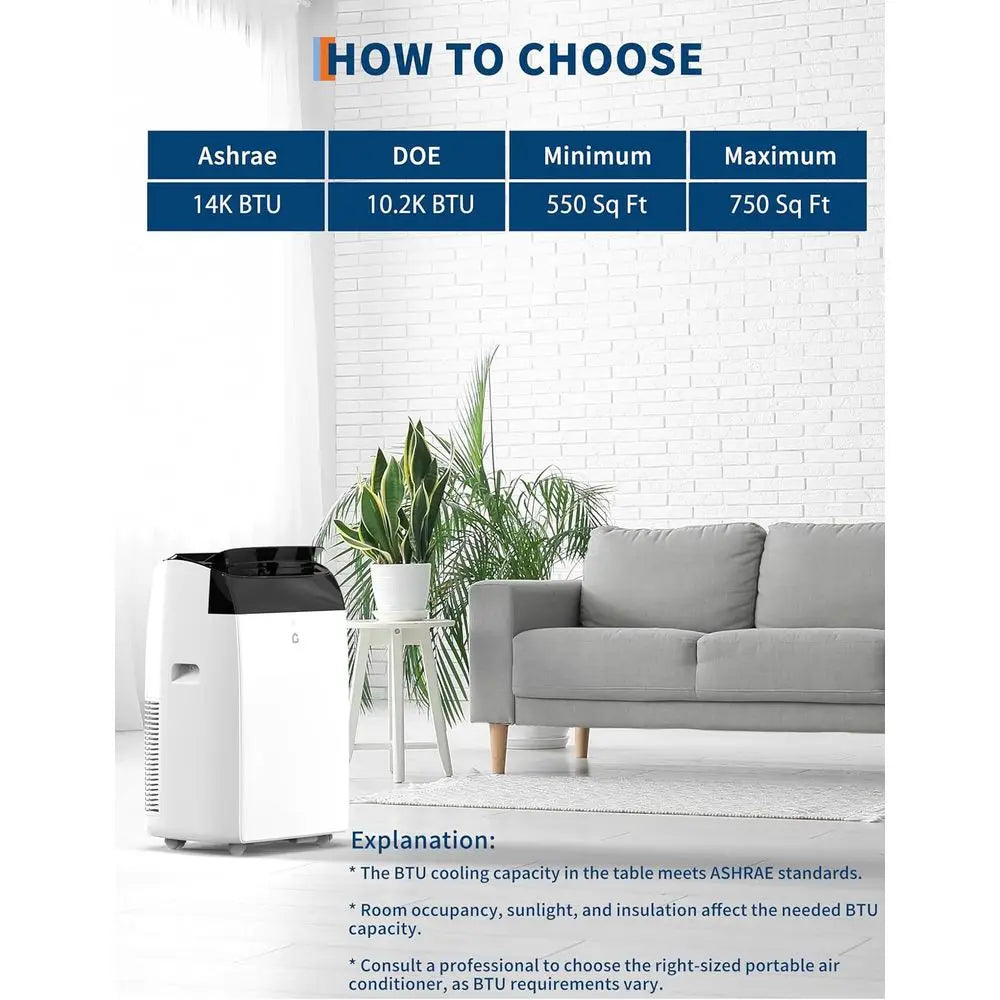 14000 BTU Portable Air Conditioner With Remote Control Quiet 48dB