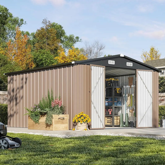Outdoor Metal Storage Shed With Double Hinged Door Sloped Roof