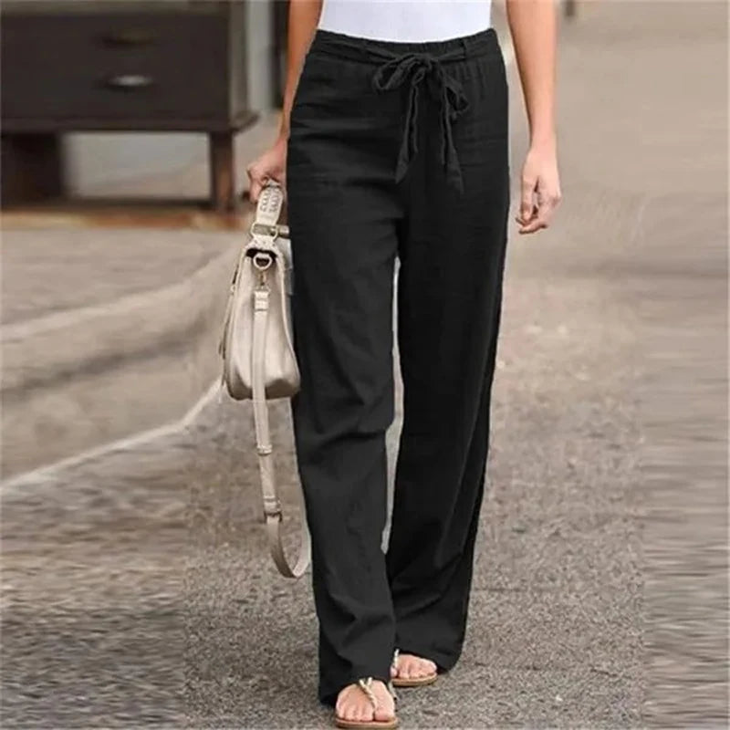 Cotton Linen Women Elastic Waist Straight Pants Beach Casual