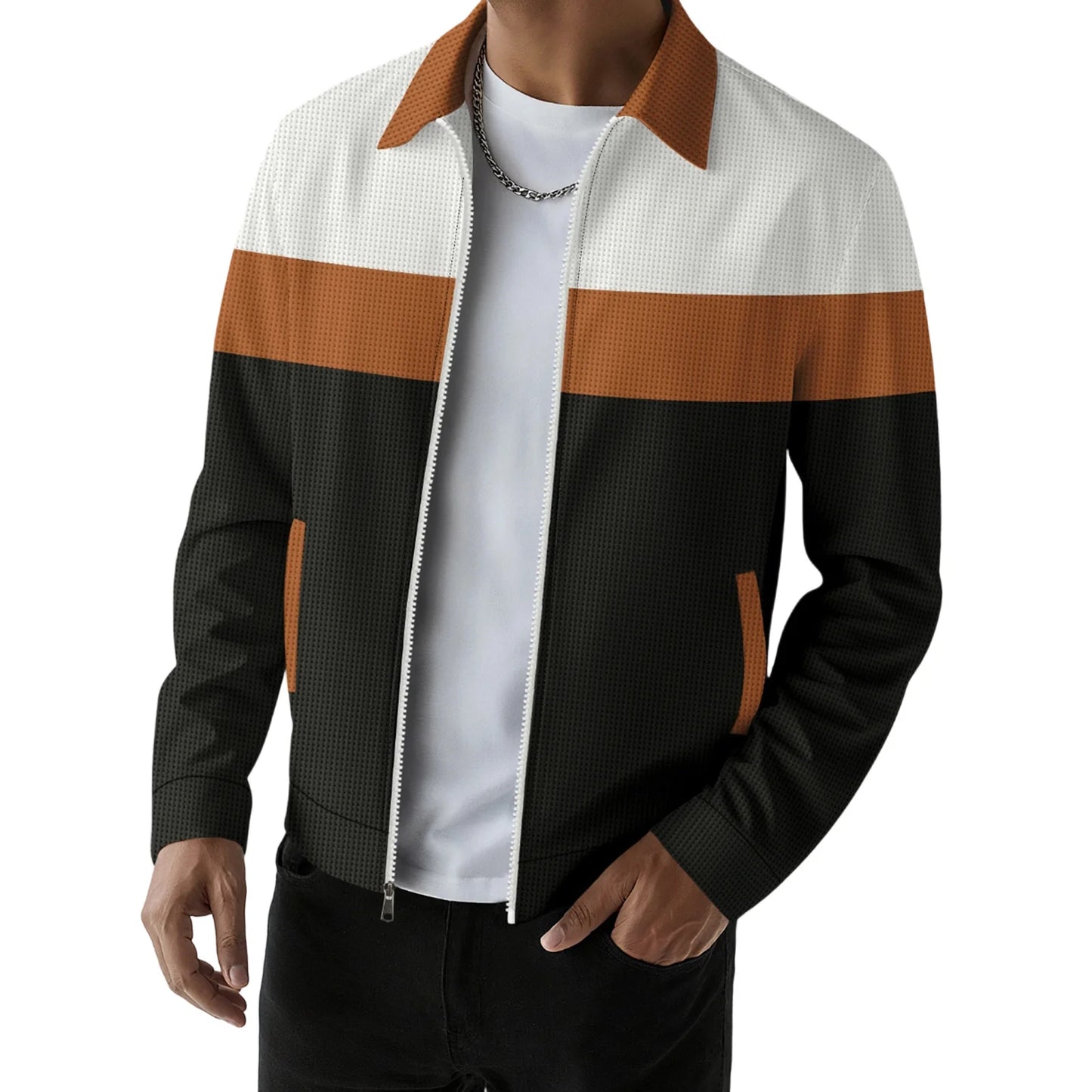 Guangdong Mens Casual Zip Up Jacket With Patchwork Design Pockets Lapel Collar